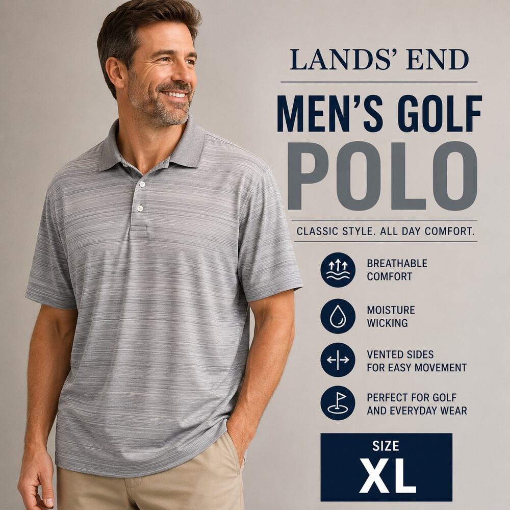 Lands End Mens Golf Polo Shirt Gray Striped Short Sleeve Vented Athletic XL